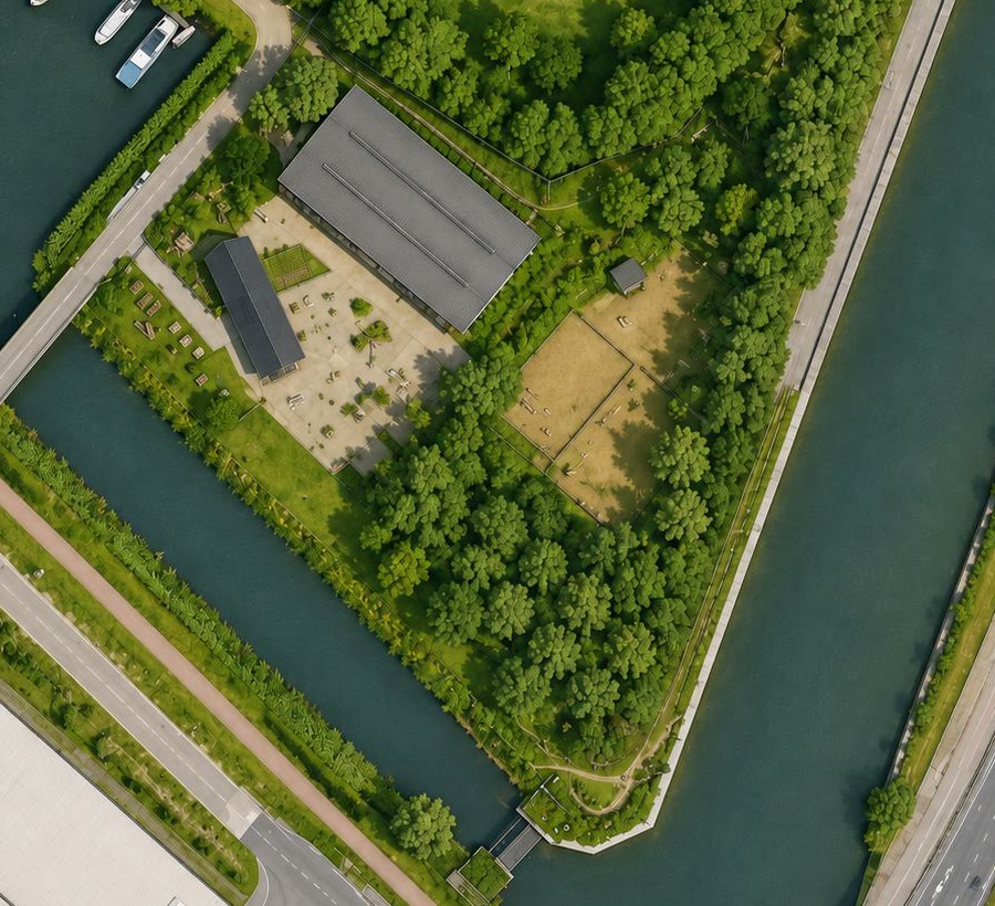 Luchtfoto van het groene terrein van Boerderij op IJburg