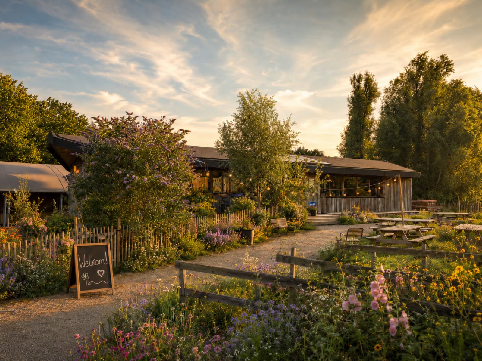 De voorkant van Boerderij op IJburg met het welkomstbord, bloemen en picknicktafels